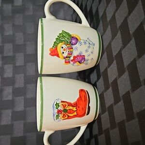 Two Christopher Radko Discontinued Festive Santa Boot & Snowperson Mugs